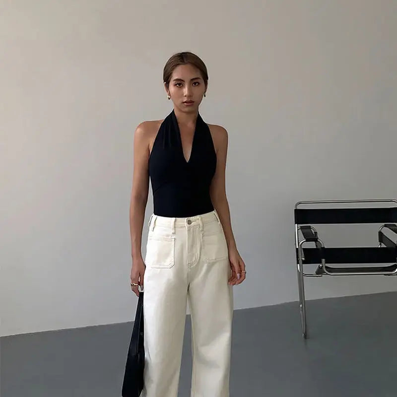 Aiertu  -   Summer Hot Girls New Summer Women Vest Tops Halter Neck Sleeveless Slim Sexy Camisole Tanks Deep V-neck Mature Black Vests Aiertu