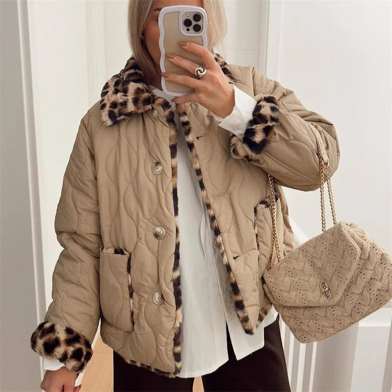 Aiertu  -  Fashion Double-Side Beige and Leopard Quilted Cotton Jacket For Women Winter Turn-down Collar Single-breasted Pocket Outerwear Aiertu