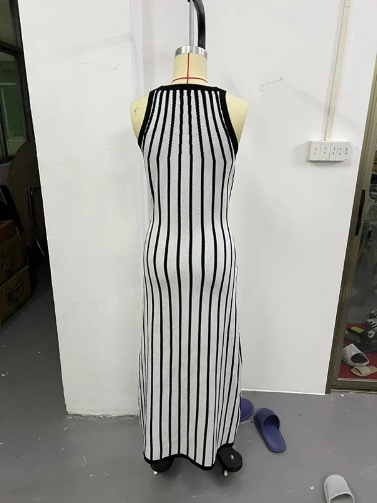 Aiertu  -  Vertical Stripes Round Neck Bodycorn Knit Dress Women Fashion Sleeveless Slim Long Dresses Elegant Female Commute Street Robes Aiertu