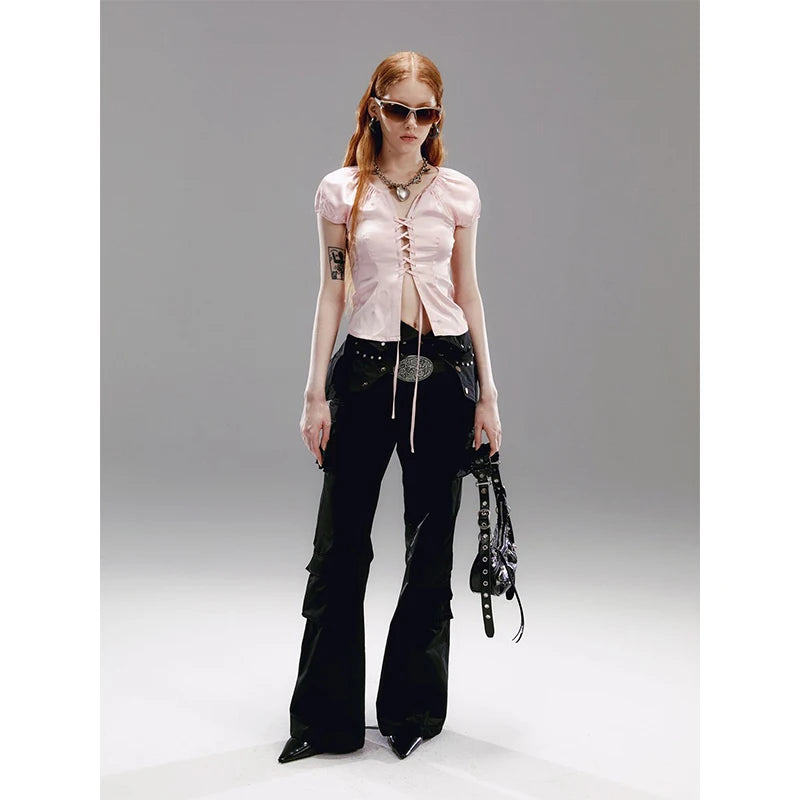 Aiertu Y2K Cropped Pink Shirts Women Sexy Hollow Out Bandage Blouses Summer Korean Aesthetic Fashion Short Sleeve Slim Tops New Aiertu