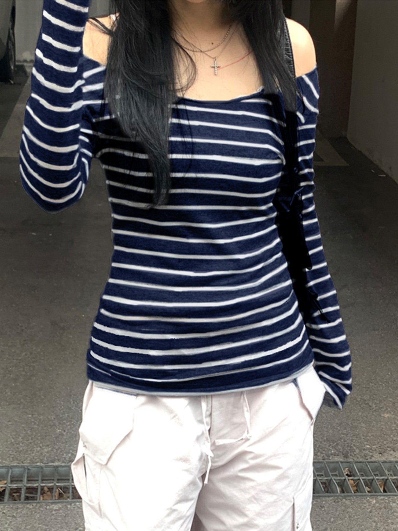 Aiertu - summer inspo Hot Japanese Basic Slim Long Sleeve Stripe Tee Off Shoulder O Neck Korean Street Style Spring Autumn Y2K Gray T Shirt Women Aiertu