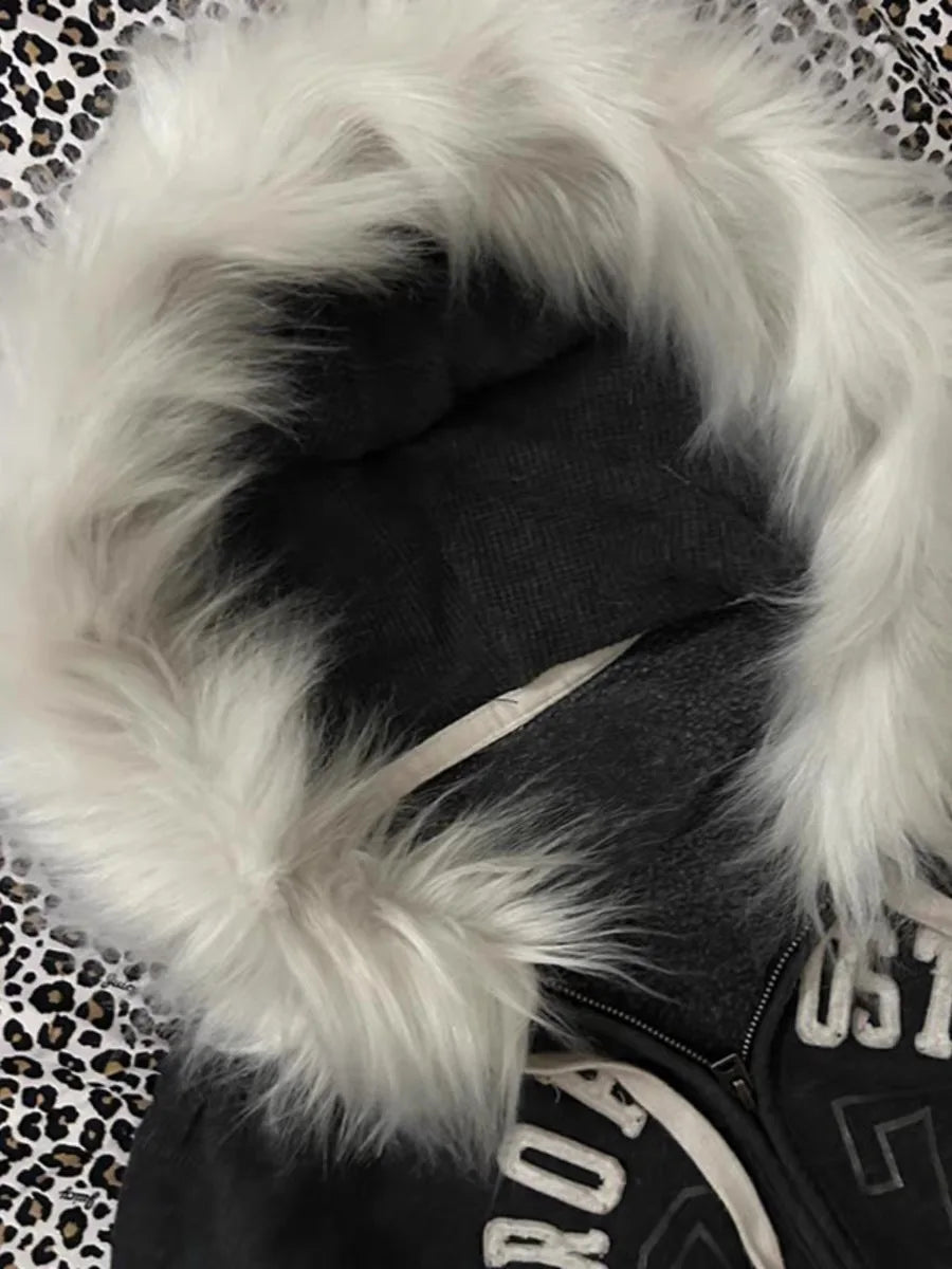 Aiertu  -  Solid Zip Up Letter Printed Fur Collar Hoodies Slim Fit Comfortable Simplicity Black Sweatshirts Warm Basic Version Tops Aiertu