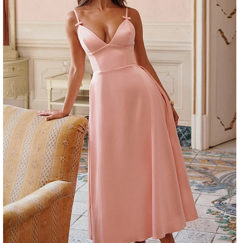 Aiertu  -  Women Satin Pink Sexy Elegant Dress Thin Straps V Neck A-line Midi Evening Party Dresses Aiertu