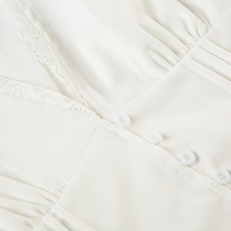 Aiertu  -  Lace Patchwork Solid Blouses for Women Single-breasted Fashion Slim Clothes Streetwear V-neck Short Sleeves Tops Aiertu