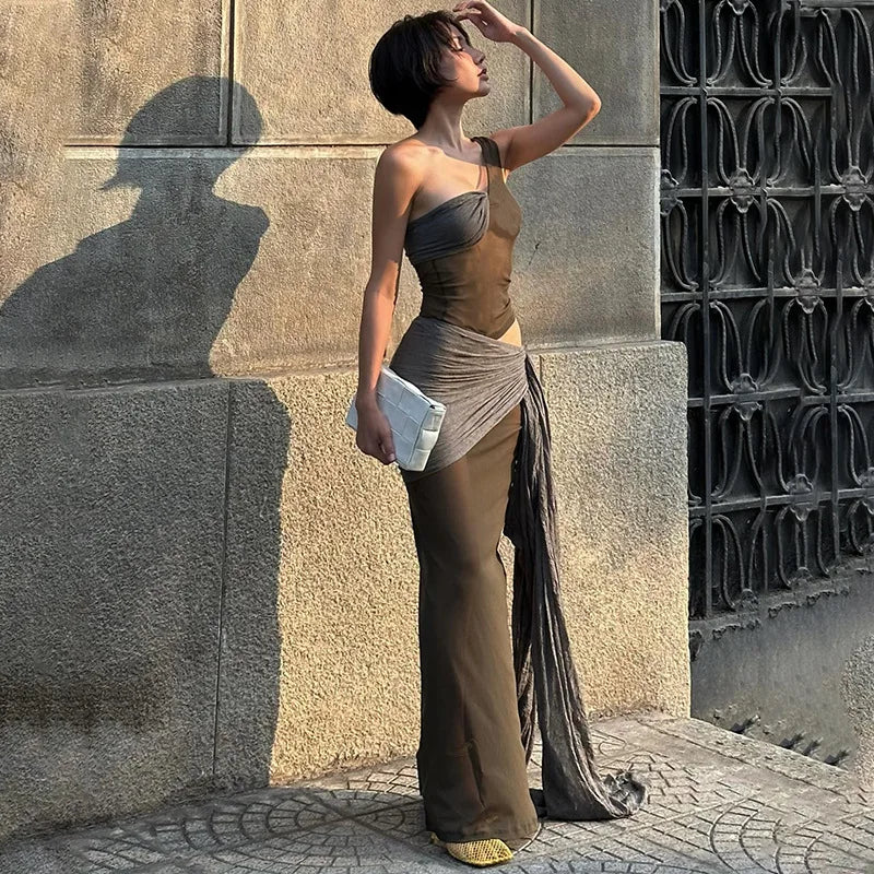 Aiertu  -  Fashion One Shoulder Maxi Dress Club Outfits Sleeveless Hot See Through Wrap Dresses Sexy Cut Out Vestido Clothes Aiertu