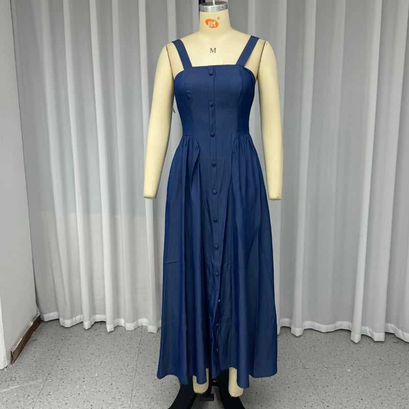 Aiertu  -  Maxi Dress Women's Summer Casual Solid Suspender Sleeveless Nipped Waist Pleated Single Breasted Button Holiday Dresses Aiertu