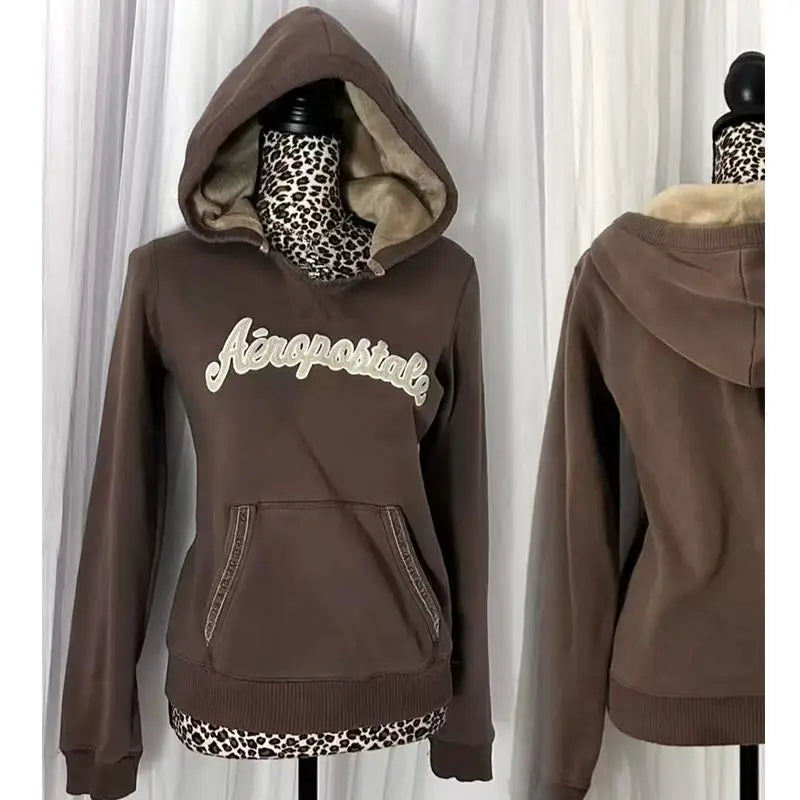 Aiertu  -  Autumn and Winter Brown Vintage Street Letter Sweatshirts Slim and Versatile Simplicity Long-sleeves for Couple Harajuku Tops Aiertu