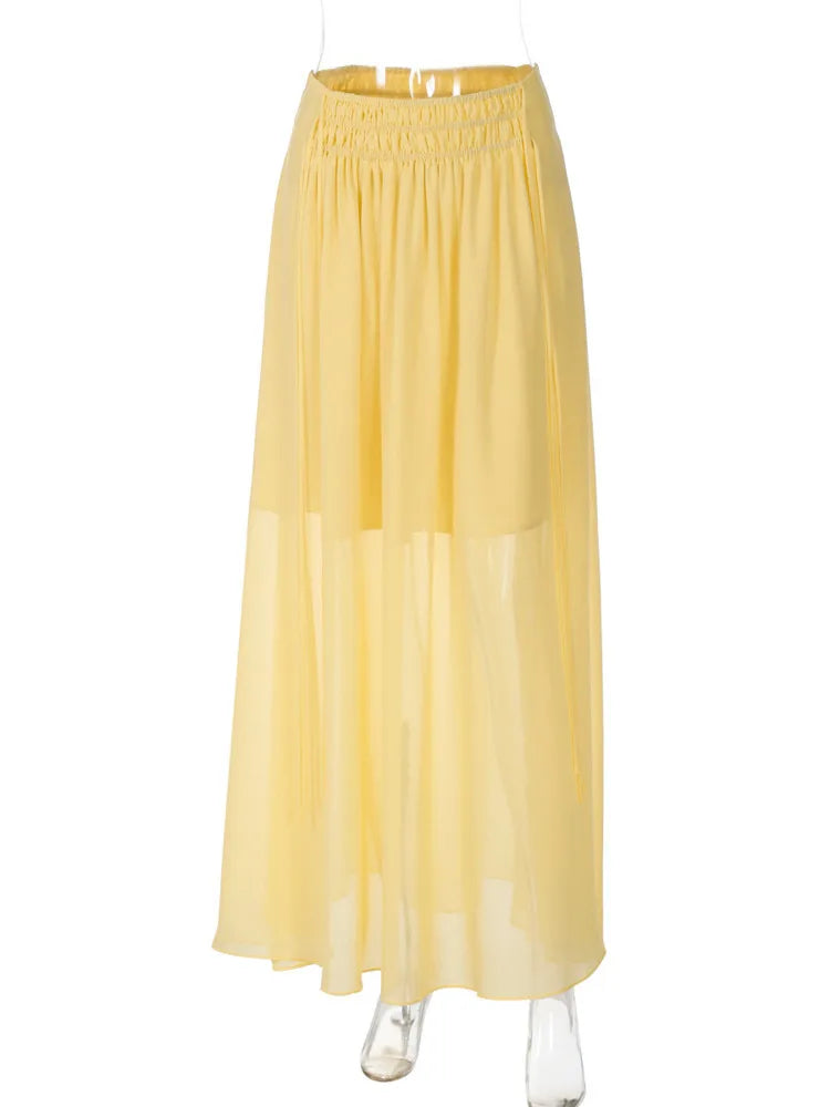 Aiertu  -  Slim Drawstring Pleated Long Skirt For Women Elastic Waist Solid Color High Waist Fashion Patchwork Female Long Skirt Aiertu