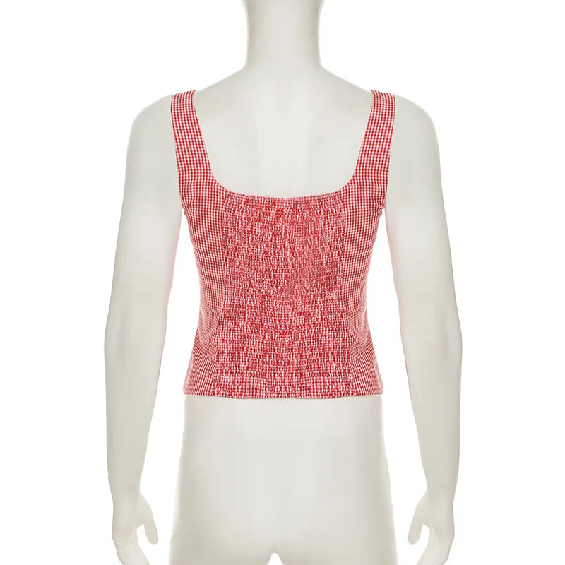 Aiertu  -  Girl Sweet Bow Splicing Plaid Contrast Color Lace Splicing Low Neck Sleeveless Small Vest New Aiertu