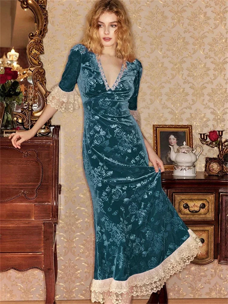 Aiertu  -  V-Neck Lace Printed Long Dress For Women Patchwork Elegant Short Sleeve High Waist Contrast Party Dress Female Maxi Dress Aiertu