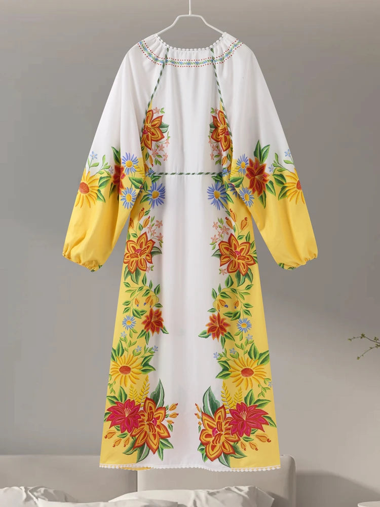 Aiertu  -  Print Linen Dress Women Elegant Loose Lace Up V Neck Vintage Vestidos Female Summer Long Sleeves Fashion High Waist Robe Aiertu