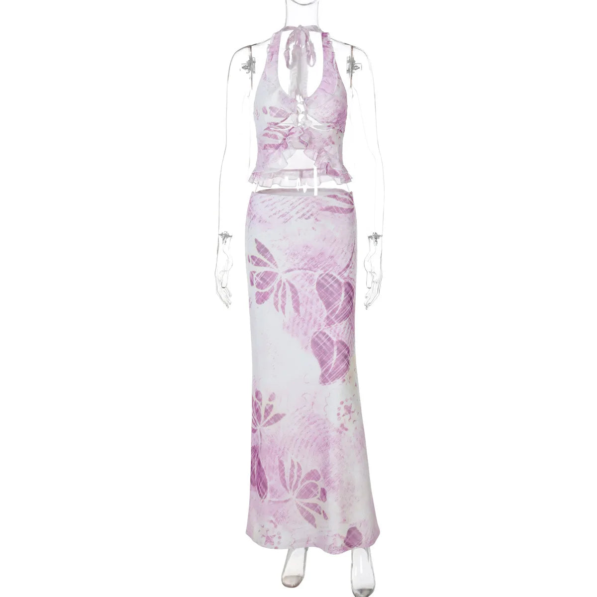 Aiertu  -  Print Halter Vest Crop Tops Skirt 2 Pieces Sets For Women Sexy Mesh Flower Lace-up Vest Crop Tops And Long Skirt Sets Aiertu