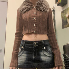 Aiertu  -  Y2K Brown Buttons Crop Sweater with Detachable Fur Collar Autumn Vintage 2000s Knitted Cardigan Slim Winter Outfits Aiertu