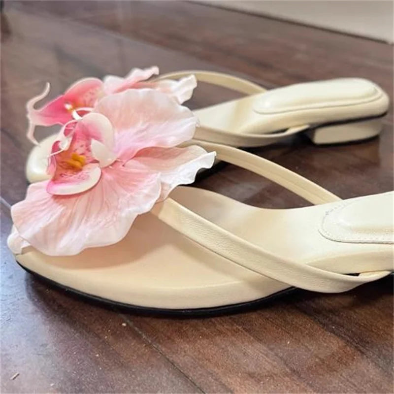Aiertu  -  Flower Decoration Shoes for Womens Square Toes Solid Flat Heels Sewing Lines Zapatos Mujer PU Ladies Front Strap Chassure Femme Aiertu
