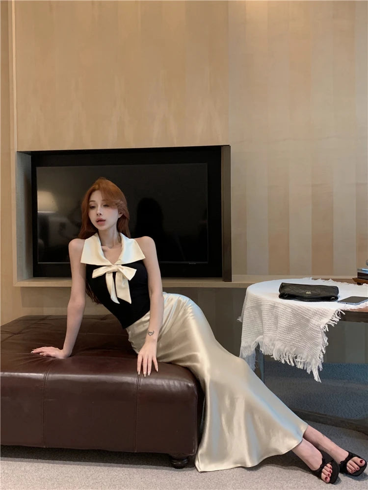 Aiertu  -  Bow temperament collar hanging neck vest satin fish tail half skirt two-piece set women's summer fashion beautiful set Aiertu
