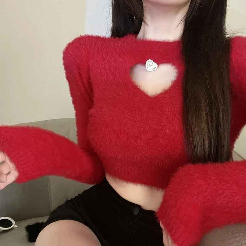 Aiertu 2025 spring fashion trend Autumn Winter New Sweater Women's O Neck Diamond-Studded Hollow Love Long Sleeve Slim Short Crop Top Aiertu