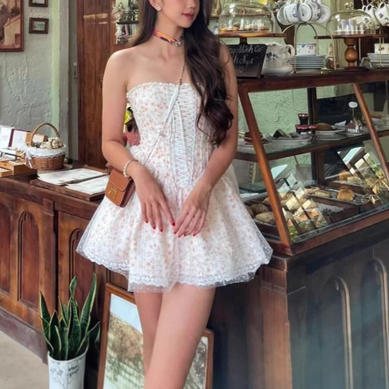 Aiertu  -  Pretty Girl Floral Print Mesh Strapless Mini Dresses Women Front Lace Up Bandage Birthday Party Dress French Bridesmaids Robe Aiertu