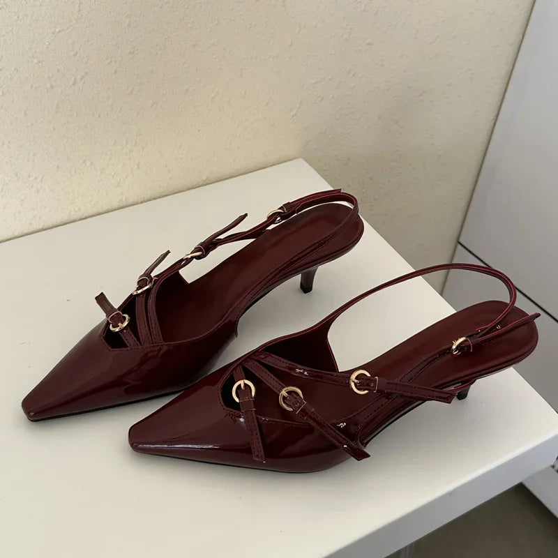 Aiertu  -  Sexy Slingbacks Narrow Band Buckle Strap Pumps Women Pointed Toe Thin Heels Wedding Party Mule Shoes Aiertu