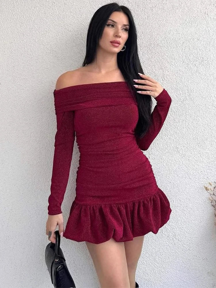 Aiertu  -  Off Shoulder Slim Ruffle Dress Female Bodycon Long Sleeve High Waist Pleated Mini Dresses Elegant Evening Sheath Dress Aiertu