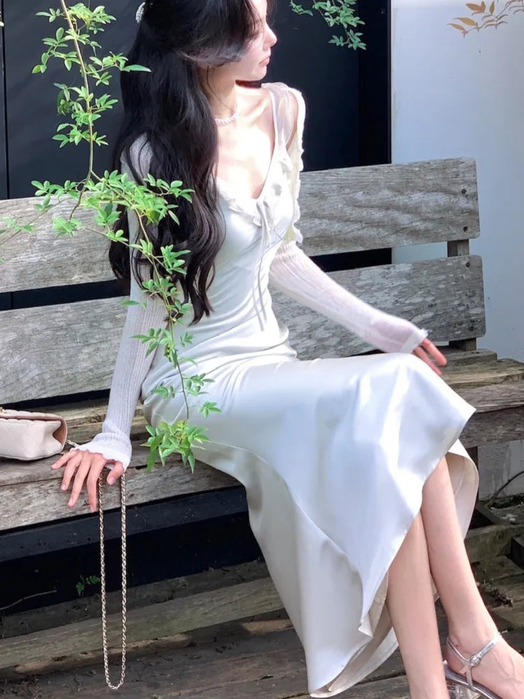 Aiertu  -  Spaghetti Strap White Satin Long Dresses for Women Summer New Elegant Party Sweet Sleeveless Female Holiday Casual Clothing Aiertu