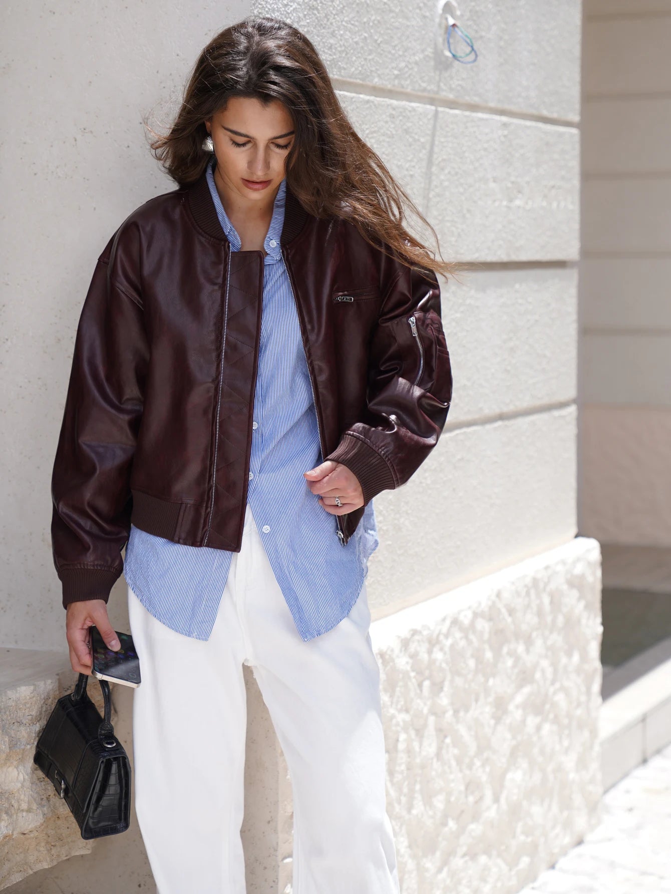 Aiertu  -  2026 Women Stylish Autumn Pu Leather Bomber Jacket Wine red, Brown Coat Aiertu