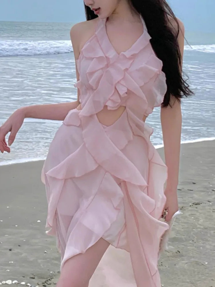 Aiertu  -  Sweet Pink Fairy Dress for Women Summer Halter Off Shoulder Sleeveless Ruffle Princess Birthday Party Dress Slim Casual Vestidos Aiertu
