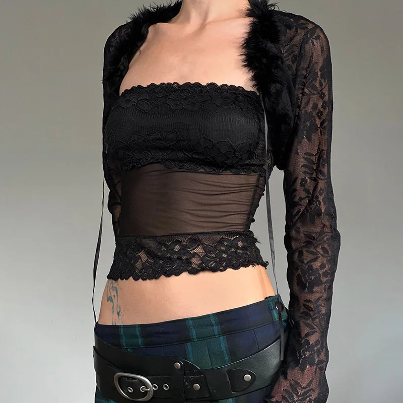 Aiertu  -  party look snspos Y2K Black Lace Patchwork Fur Two Piece Set Transparent Sexy Tube Top and Long Sleeve Smock  Matching Sets Lady Spring Aiertu
