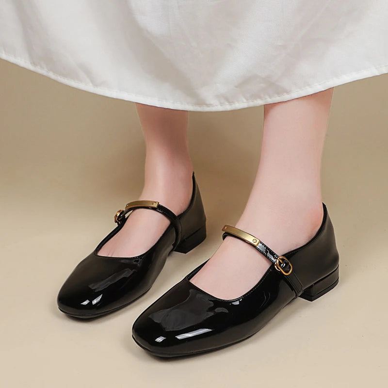 Aiertu  -  Shallow single shoes women 2025 summer new red patent leather evening style square head low heel flat Mary Jane shoes Aiertu