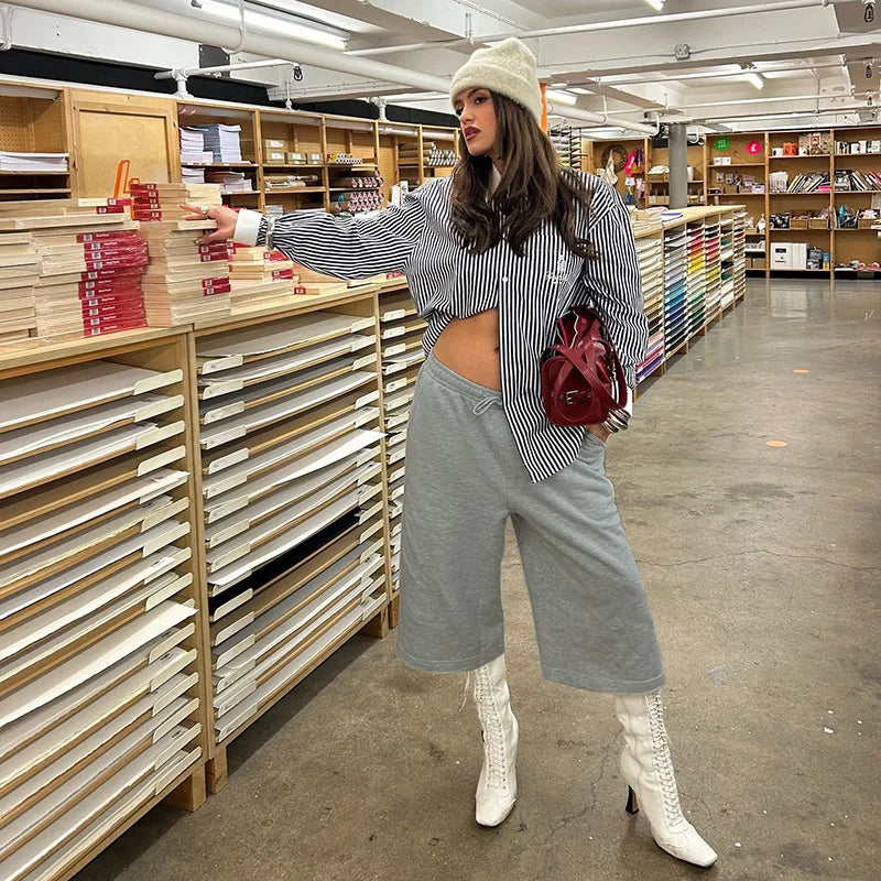 Aiertu  -  Gray Pants Comfy Baggy Capri Pants for Woman Clothing Loose Drawstring Wide Leg Trousers P85-CZ29 Aiertu