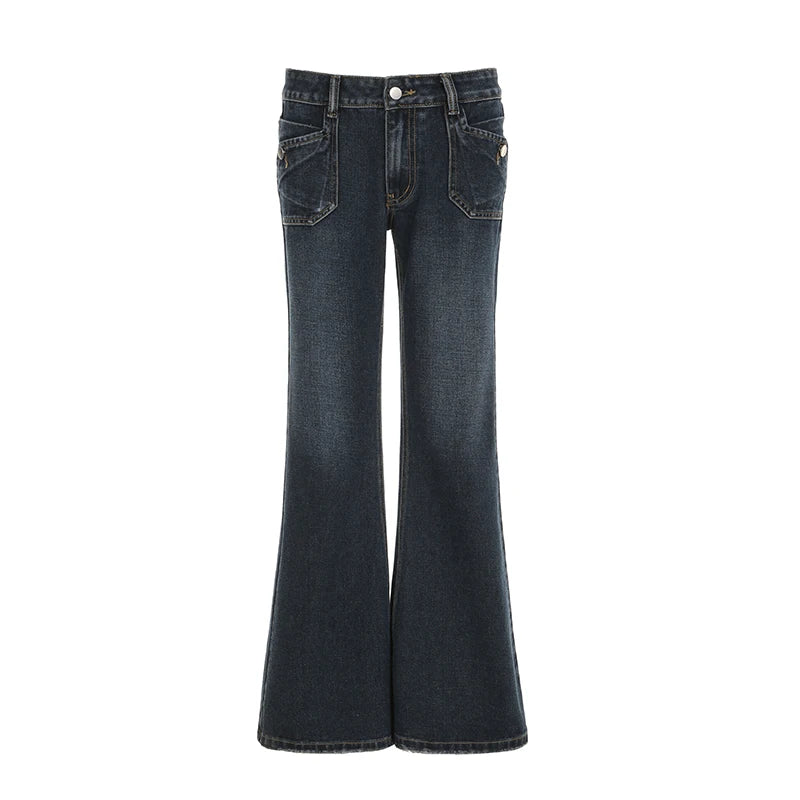 Aiertu  -  Grunge Aesthetic Flare Jeans Women Retro Stylish Y2K Dark Blue Denim Pants Spring Outfits Casual Slim Trousers Ladies Aiertu