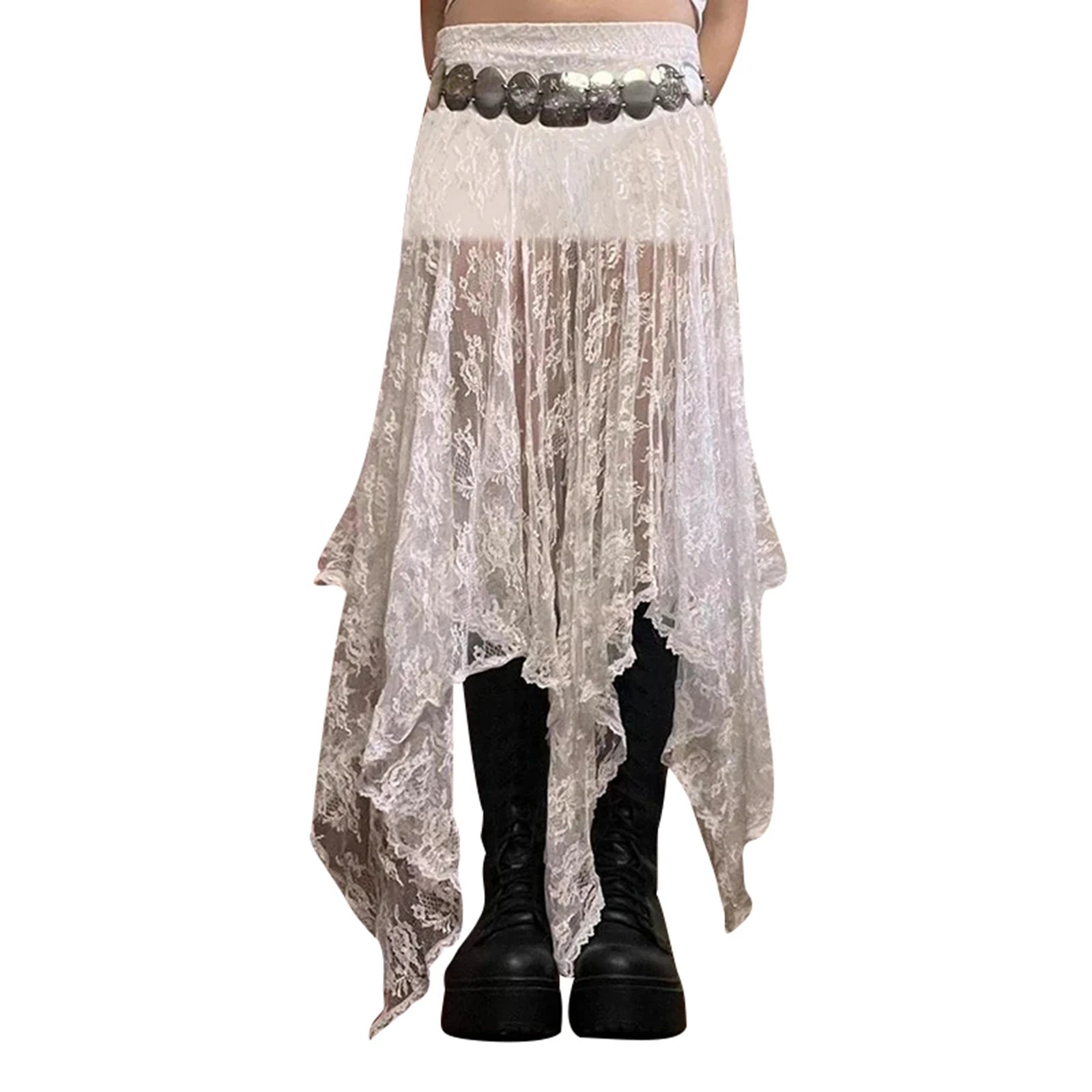Aiertu  -  Women Solid Color Elastic Lace Skirt Casual Summer Sheer Irregular A-Line Skirt for Vacation Club Streetwear Aesthetic Clothes Aiertu