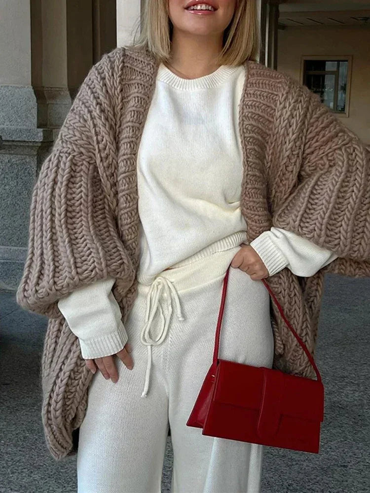 Aiertu  -  Long Lantern Sleeves Solid Women Cardigans Knitted Loose V Neck Lady Sweater 2024 Vintage Autumn Winter Female Warm Streetwear Aiertu