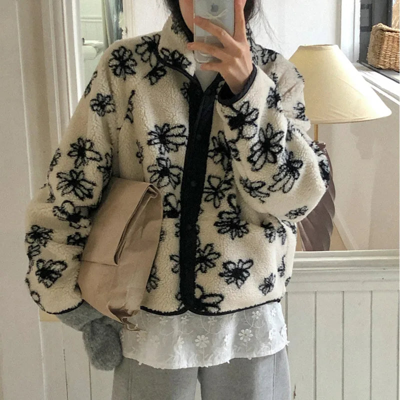 Aiertu  -  Sweet Flower Pattern Double-Sided Wear Outerwear Korean Series Faux Lamb Wool Jacket Women Winter Clothing Loose Warm Thick Coat Aiertu