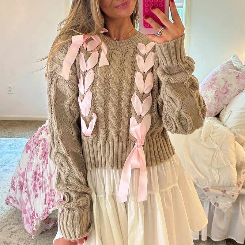 Aiertu  -  Sweet Ribbon Criss-Cross Tie Up Sweater Girly Coquette Cable Knitted Pullovers Women Autumn Vintage Y2k Knitwear Jumpers Tops Aiertu