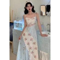 Aiertu  -  Summer Women Long Dress Sleeveless Patchwork Floral Gingham Spaghetti Strap Elegant Slim Maxi Dress Casual Vacation Beachwear Aiertu