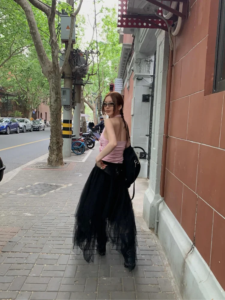 Aiertu  -  Chic 3D Rose Hang Neck Women's Top With Pleats Exposed Back  Navel V-neck Short Vest 2026 Summer Fashion Holiday Female's Tops Aiertu