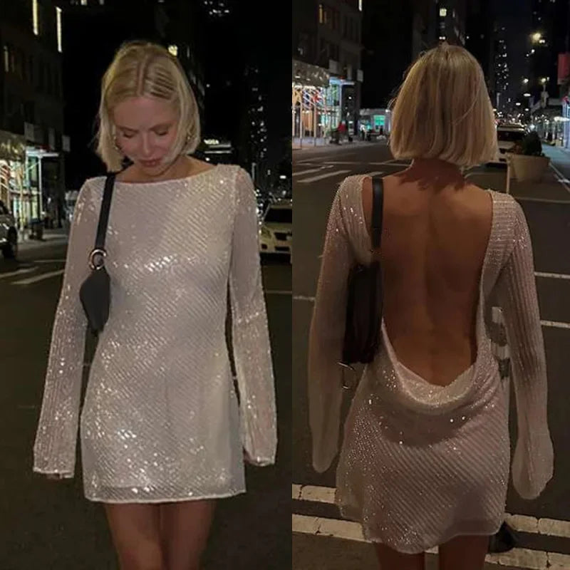 Aiertu  -  Elegant Backless Solid Sequins Mini Dress Women Sexy Long Sleeve O-neck Short Dress Lady Fashion New Evening Party Chic Vestidos Aiertu