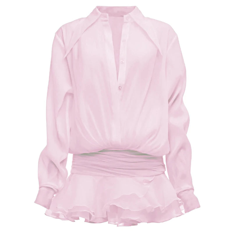 Aiertu  -  New White Chiffon Dress For Women Casual Ruffled Pleated Mini Dress See-through Loose Oversized Shirt Dress Cover-Up 2026 Aiertu