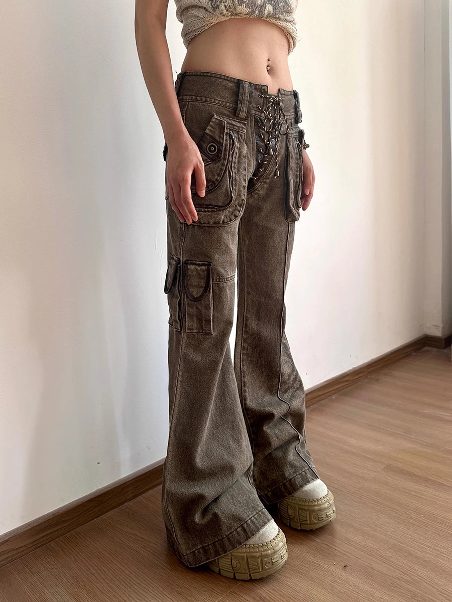 Aiertu  -  Cowgirl Lace Up Low Waist Cargo Jeans Do Old Zipper Decor Distressed Brown Boot Cut Pants 90s Retro Women Streetwear Aiertu