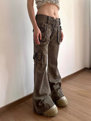 Aiertu  -  Cowgirl Lace Up Low Waist Cargo Jeans Do Old Zipper Decor Distressed Brown Boot Cut Pants 90s Retro Women Streetwear Aiertu