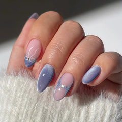 Aiertu  -  24pcs Simple Love Design False Nails Art Press on Bow Flower Datachable Fake Nails Sets Polka Dots Blue Short Oval Manicure Tips Aiertu