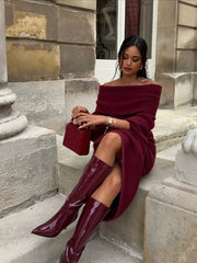 Aiertu  -  Women Off Shoulder Half Sleeves Maxi Dresses Elegant Dark Red Strapless Slim Knitted Long Dress New Sexy Lady Night Party Robes Aiertu