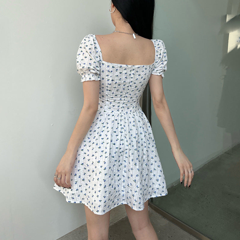 Aiertu - Tie Front Floral Puff Sleeve Mini Dress Aiertu