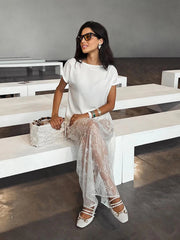 Aiertu  -  Lace Jacquard Transparent Long Skirt Women Elastic Waist White Hollow Out Sheer Midi Skirts Streetwear Sexy Elegant Faldas New Aiertu