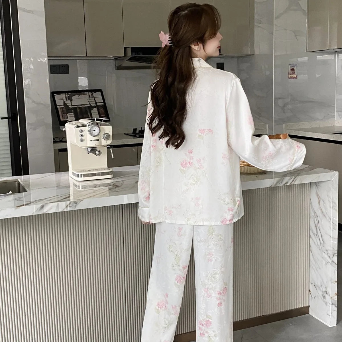 Aiertu  -  Satin Pajamas for Women Set Silk Pyjamas Loose Casual Sleepwear Long Sleeve Button Trousers 2 Piece Set Printing Homewear Outfit Aiertu