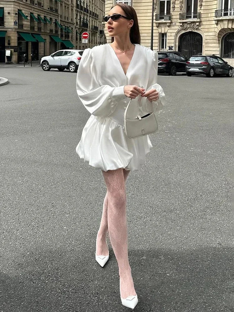 Aiertu  -   Elegant White Sexy V Neck Mini Dress Female Lantern Long Sleeve Retro Casual Ball Gown Dresses High Waist Fashion Aiertu