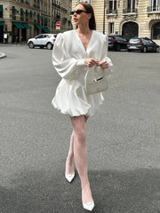 Aiertu  -   Elegant White Sexy V Neck Mini Dress Female Lantern Long Sleeve Retro Casual Ball Gown Dresses High Waist Fashion Aiertu