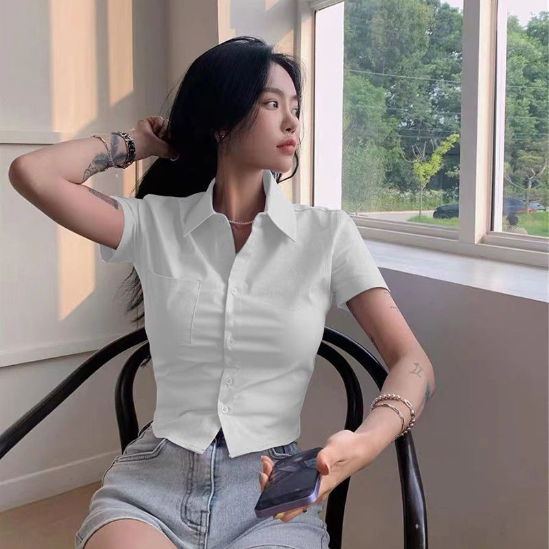 Aiertu White Basic Shirts Women Preppy Style Short Sleeve Slim Blouses Student Korean Office Lady Sexy Crop Tops Work Wear Aiertu