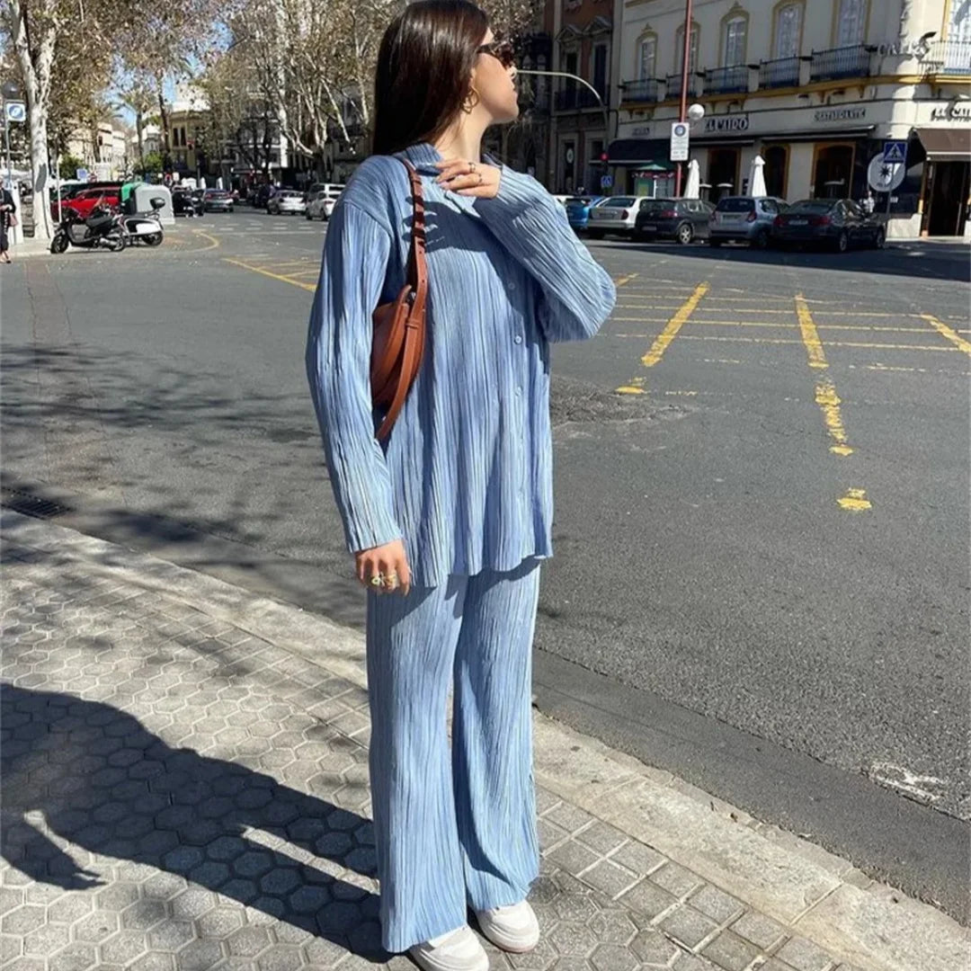Aiertu  -  Causal Commuter Ladies Long Top Pants Set Streetwear Shirt Suit Big Wig Trousers Loose Two-piece Set Women Suit Festival Outfit Aiertu