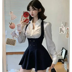 Aiertu spring birthday outfit Preppy Style Vintage Fashion Suit Woman White Shirt + Short Coat High Waist Slim Y2k Mini Dress Japanese Elegant Set 2025 Chic Aiertu